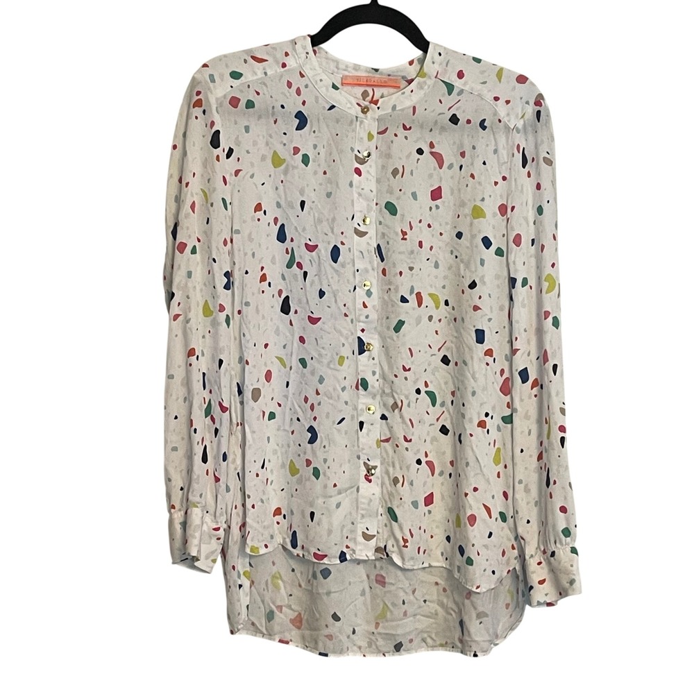 Vilagallo Multi Color Abstract Confetti Print Button Down Blouse White Size 44